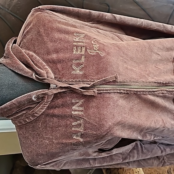 Brown Calvin Klein Velour Hoodie Jacket - Picture 2 of 11